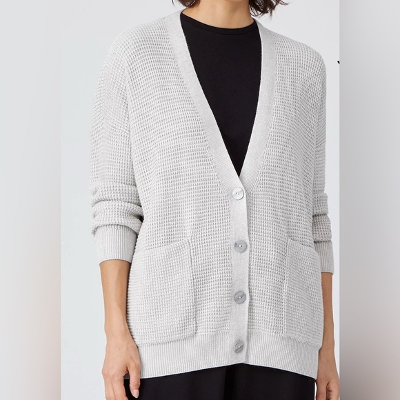 Eileen Fisher Sweaters - Eileen Fisher Organic Cotton Silk Boyfriend Cardigan in Pearl Gray Medium